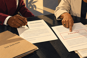 Hands review stock purchase, tax election, and consent documents at a transaction table.