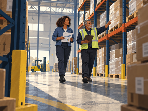 A business owner and warehouse operator review inventory and financial records among stocked warehouse shelves.