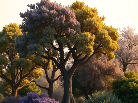A diverse group of mature trees growing together, with one distinctive tree confidently extending its branches among the others, symbolizing individuality, women’s empowerment, belonging, and women supporting each other’s growth.
