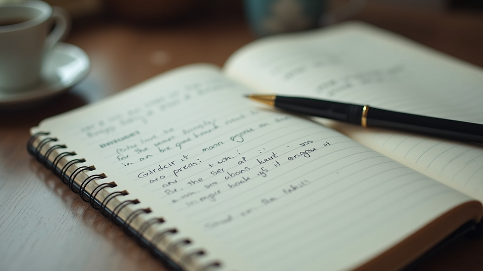 Close-up view of a notebook with handwritten story notes and a pen