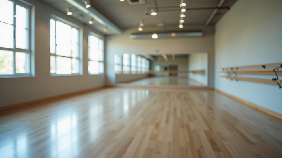Close-up view of a dance studio with ballet barres and mirrors