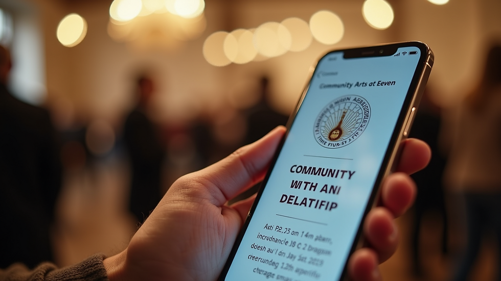 Close-up view of a smartphone showing a community arts event invitation