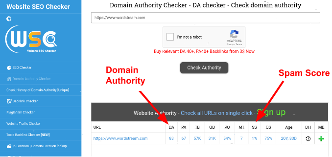 Tool for checking DA for of a site