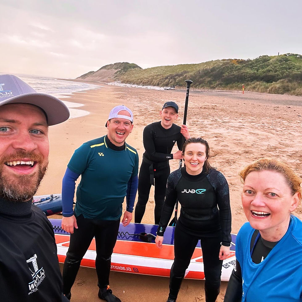 High angle view of a group paddleboarding on a Scottish sea loch