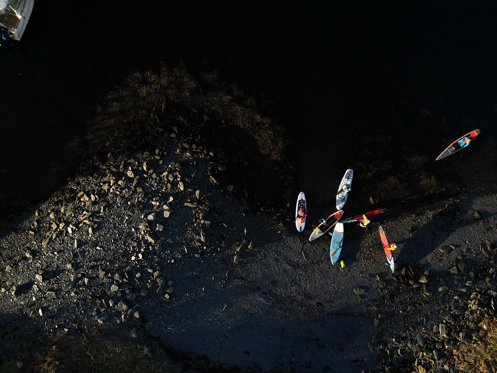 Eye-level view of a paddleboard resting on calm Scottish loch water