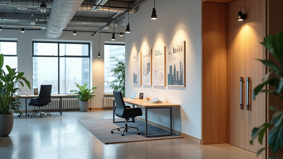 Eye-level view of a modern office space with branding materials on the wall