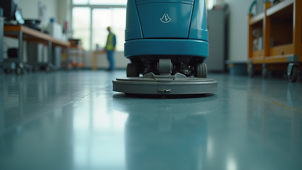 Eye-level view of industrial floor cleaning machine in operation