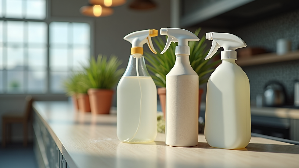 Close-up view of cleaning equipment and eco-friendly products used in restaurant cleaning