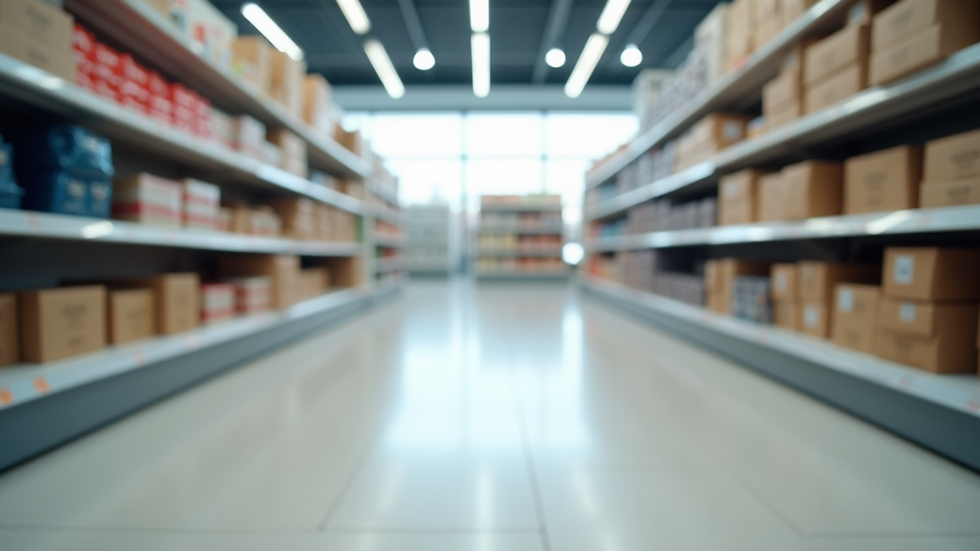 Eye-level view of a clean retail store aisle with polished floors and organised shelves