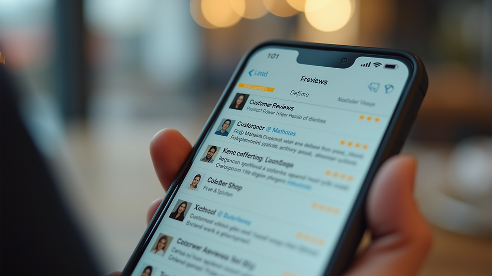 Close-up of a smartphone screen showing customer reviews on a business app