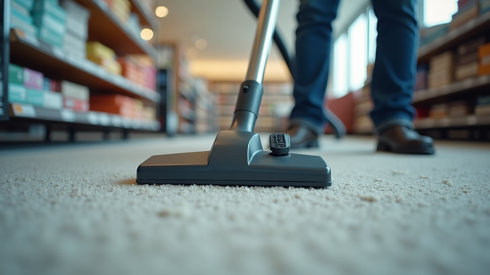 Close-up view of a retail cleaner using a vacuum cleaner on a carpeted floor