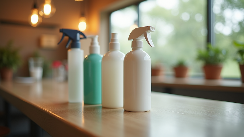 Close-up view of eco-friendly cleaning products used in a restaurant