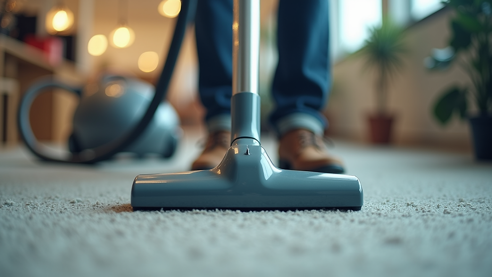 Close-up view of a retail cleaner using a vacuum cleaner on a carpeted floor