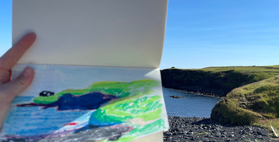 Szkic pastelami olejnymi w tle zatoka która jest narysowana