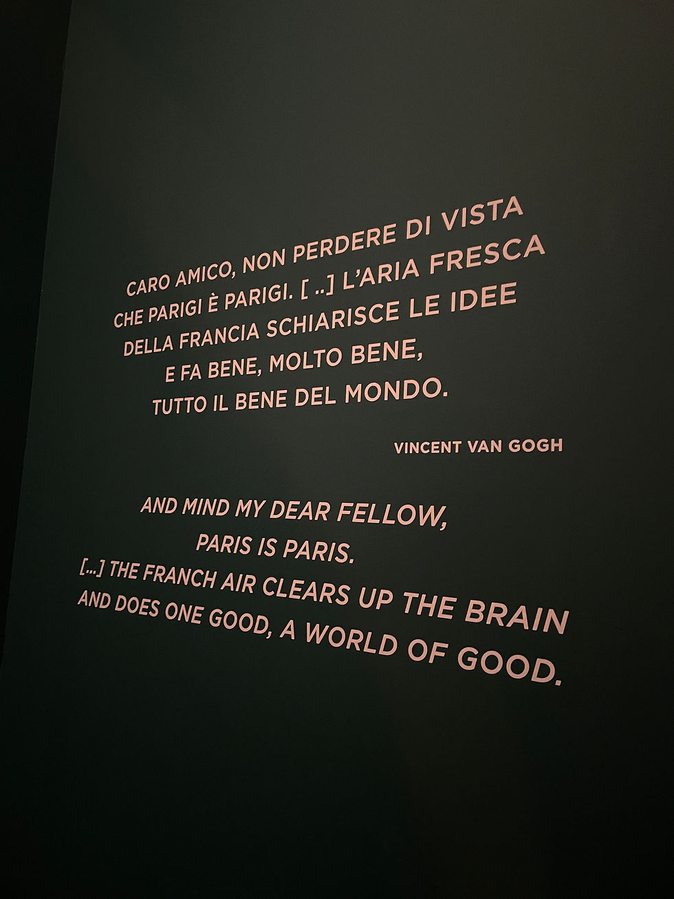 cytat po włosku i angielsku Vincenta Van Gogha na wystawie w muzeum