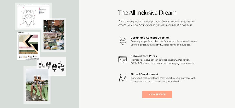 A screenshot of all that covered by our all. inclusive dream service to help you develop your swimwear or lingerie brand