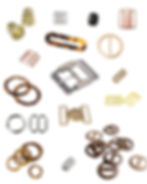 A collage of swimwear hardware including rings, sliders, belt buckets, closures, cord ends and beads.