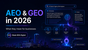 AEO and GEO in 2026 graphic showing AI-powered search, answer engines, generative search, local visibility and Birmingham business discoverability