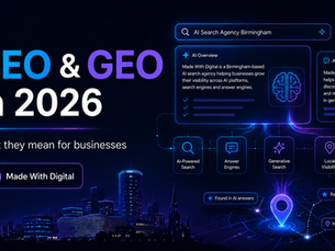AEO and GEO in 2026 graphic showing AI-powered search, answer engines, generative search, local visibility and Birmingham business discoverability