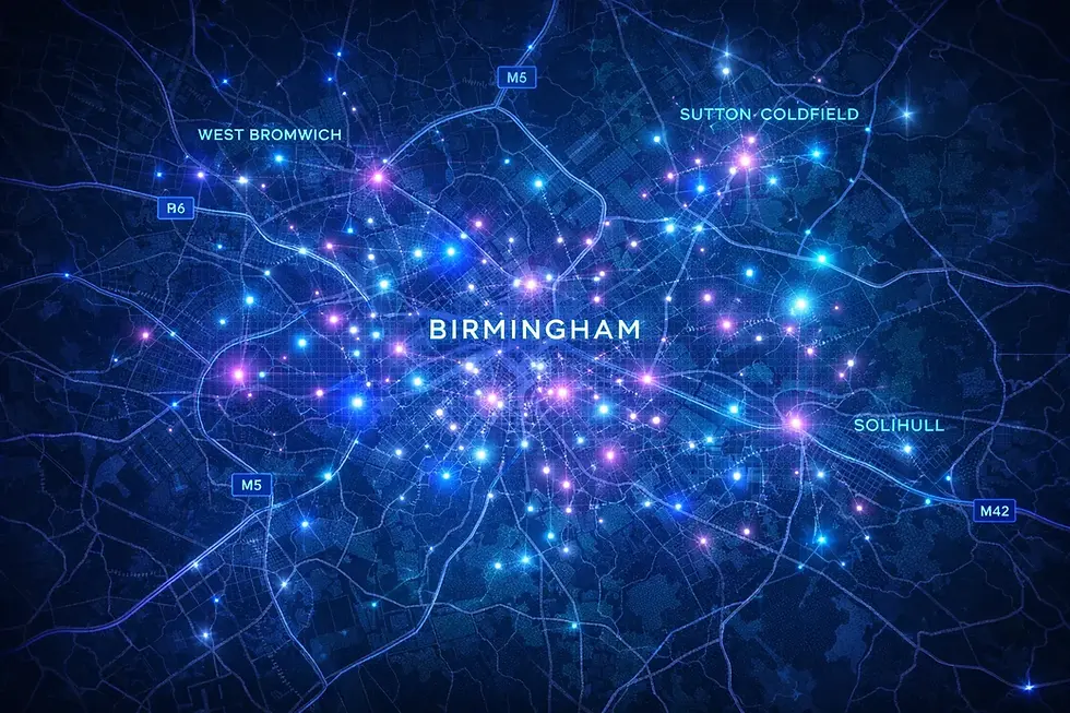 AI search dashboard showing Birmingham businesses being found across Google, AI search and voice search