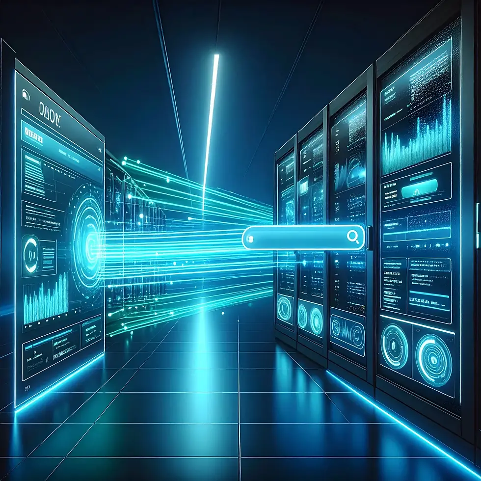 Website sending glowing data streams into AI and search results representing how AI discoverability improves business visibility. Made With Digital