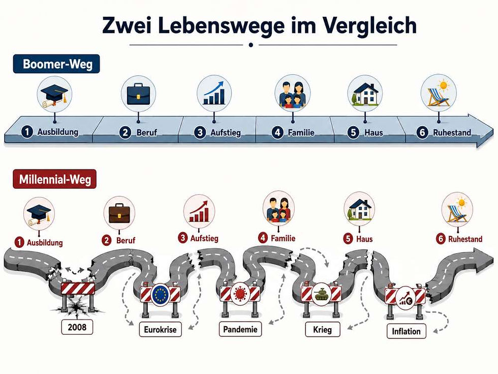 Zwei Lebenswege im Vergleich: Oben verläuft der Boomer-Weg geradlinig über Ausbildung, Beruf, Aufstieg, Familie, Haus und Ruhestand. Darunter zeigt der Millennial-Weg dieselben Lebensstationen auf einer kurvigen, mehrfach unterbrochenen Straße, die durch Finanzkrise 2008, Eurokrise, Pandemie, Krieg und Inflation erschwert wird.