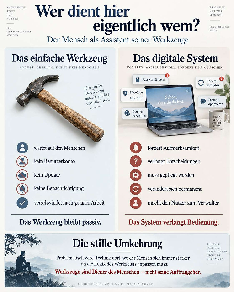 Infografik zum Gegensatz zwischen einfachem Werkzeug und digitalem System. Ein Hammer steht für ein passives Werkzeug ohne Benutzerkonto, Updates oder Benachrichtigungen; ein Laptop mit Passwortabfragen, Zwei-Faktor-Codes, Cookie-Einstellungen, Updates und Prompt-Optimierung zeigt dagegen, wie digitale Systeme Aufmerksamkeit und Pflege verlangen. Kernaussage: Werkzeuge sollen dem Menschen dienen, nicht umgekehrt.
