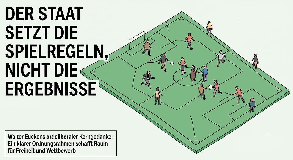 Illustration eines klar markierten Spielfelds, auf dem sich verschiedene Personen frei bewegen – Sinnbild für Euckens Prinzip: Der Staat setzt die Regeln, nicht die Ergebnisse.“
