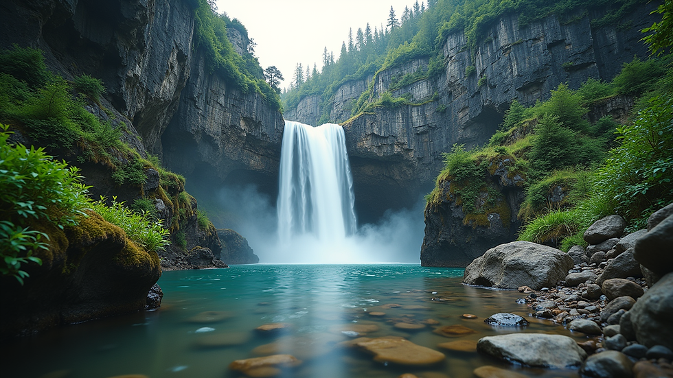 Wide angle view of a cascading waterfall surrounded by rocky cliffs and greenery