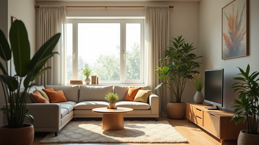 Eye-level view of a cozy shared living room with plants and natural light