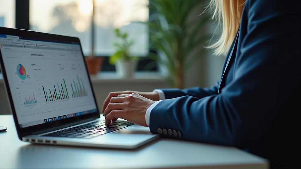 Eye-level view of a small business owner analyzing sales data on a laptop