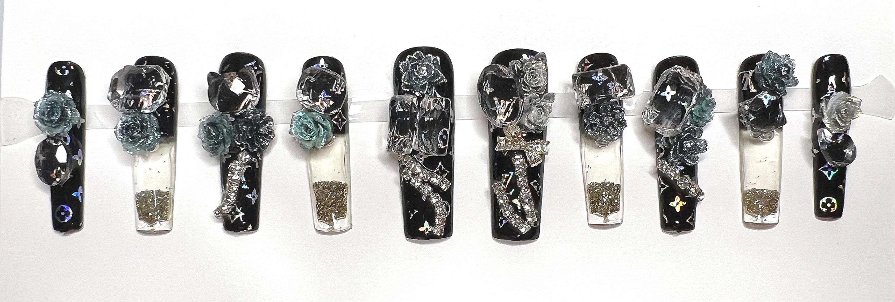 Long, Water/Brand Style Handmade Press On Nails - Size: Medium 