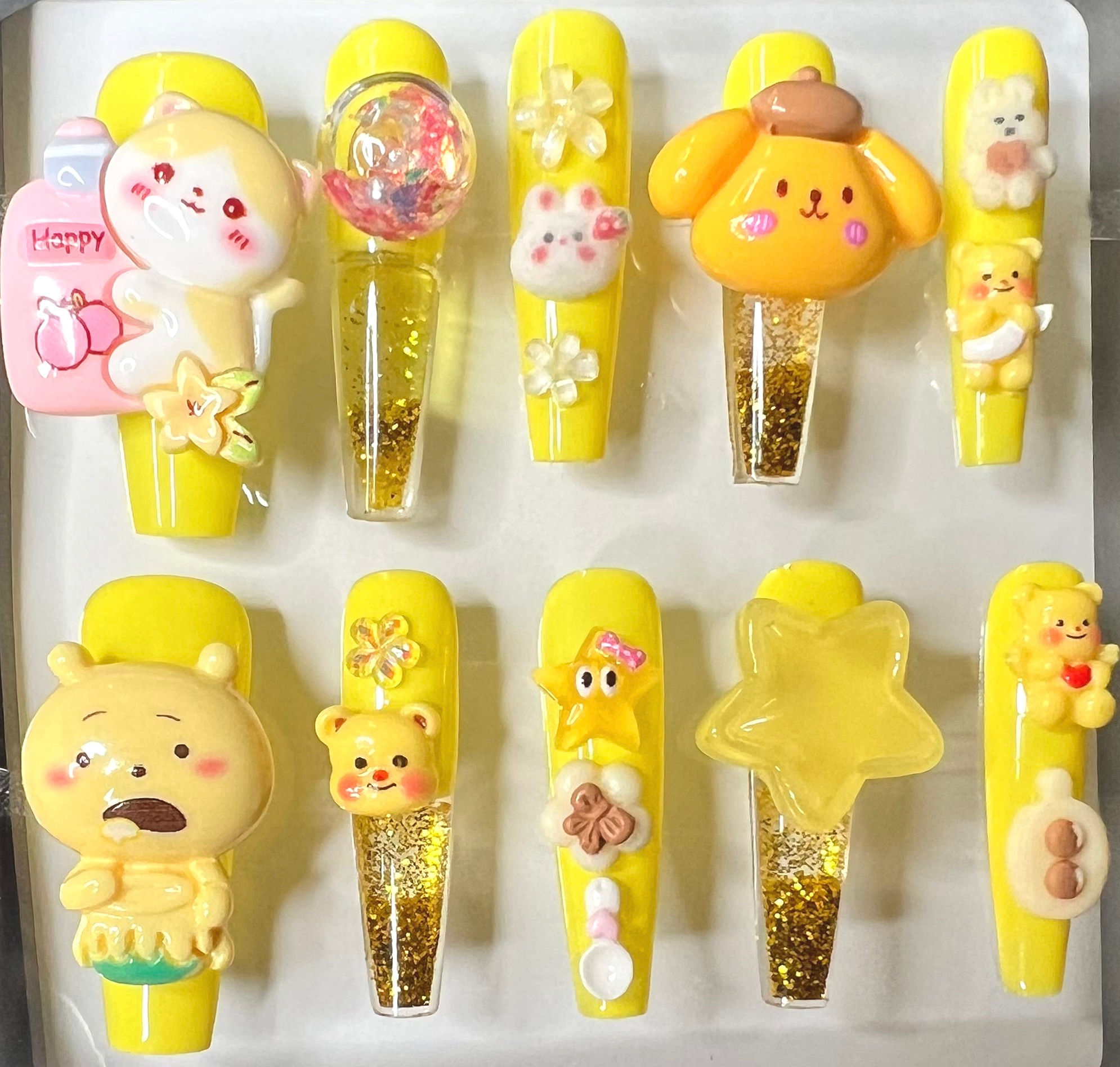 Long, Water 3 D Character Style Handmade Press On Nails - Size: Large 