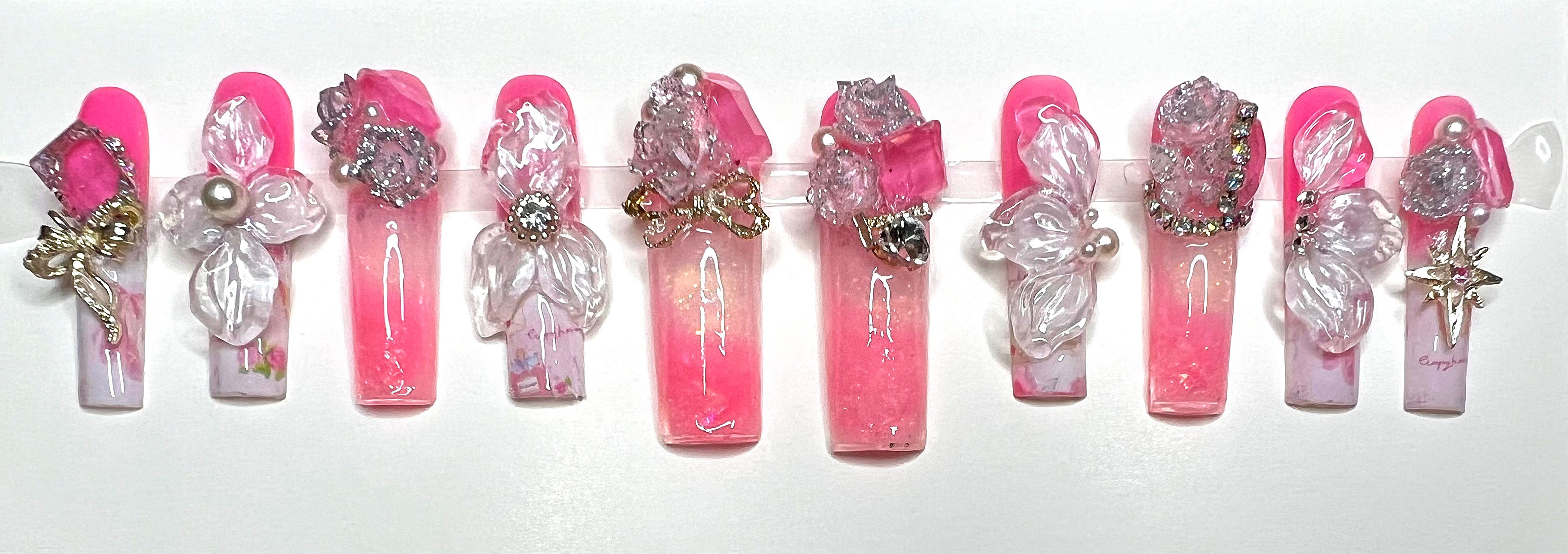 X-Long, 3 D Water Style Handmade Press On Nails - Size: Medium 