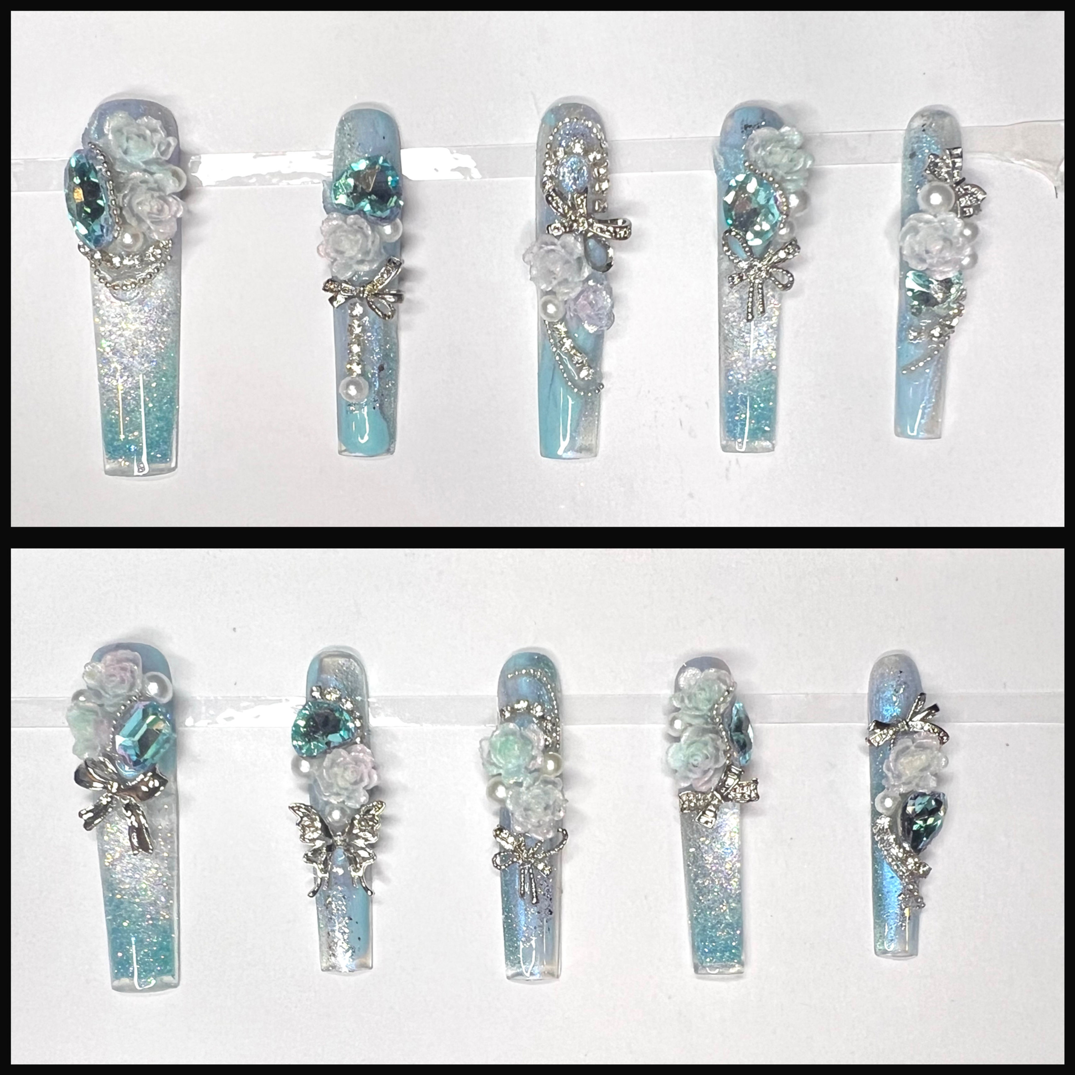 XX-Long, Water Style Handmade Press On Nails - Size: Medium 