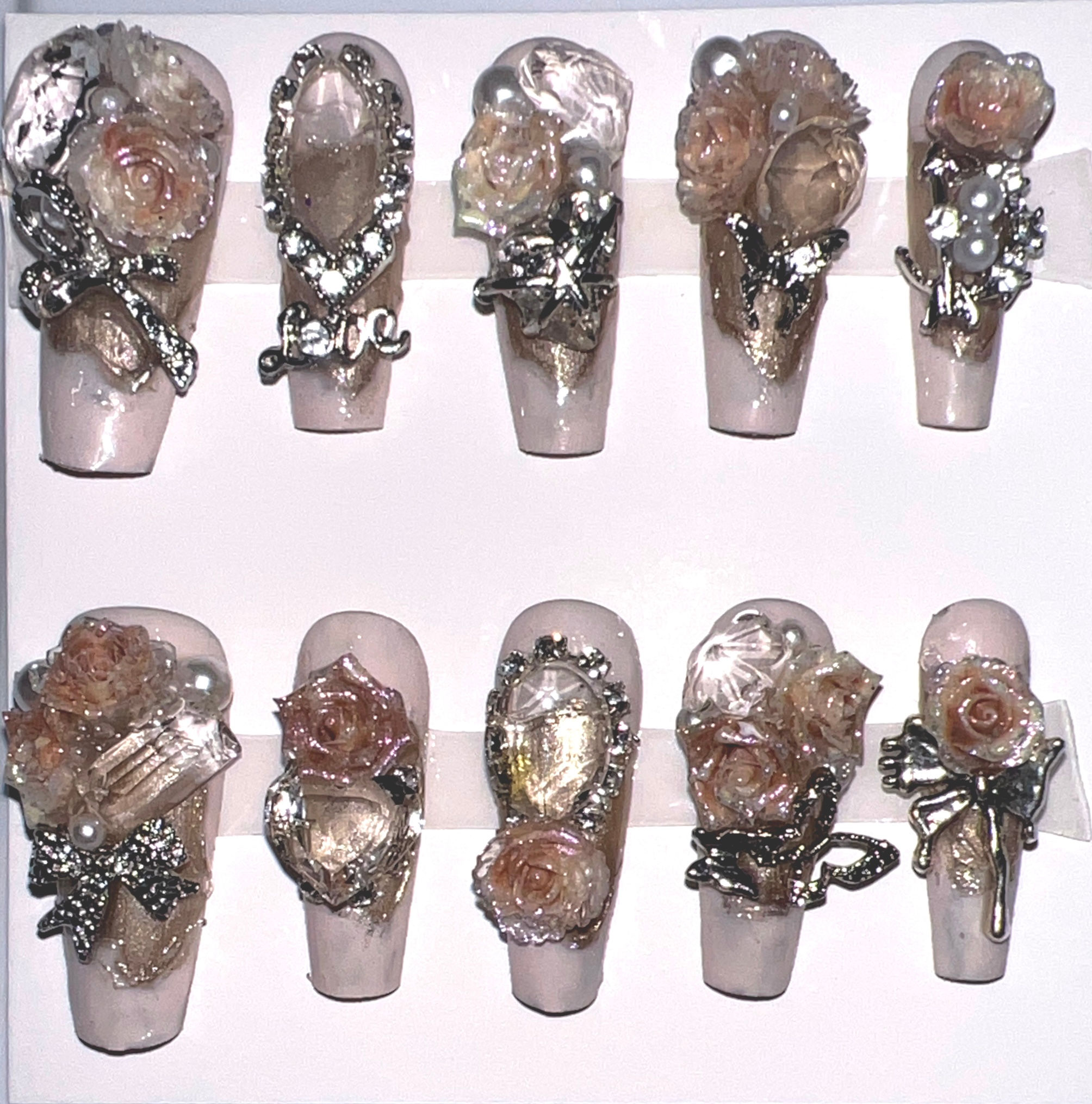 Long, Coffin Style Handmade Luxury Press-On Nails – Size: Small 