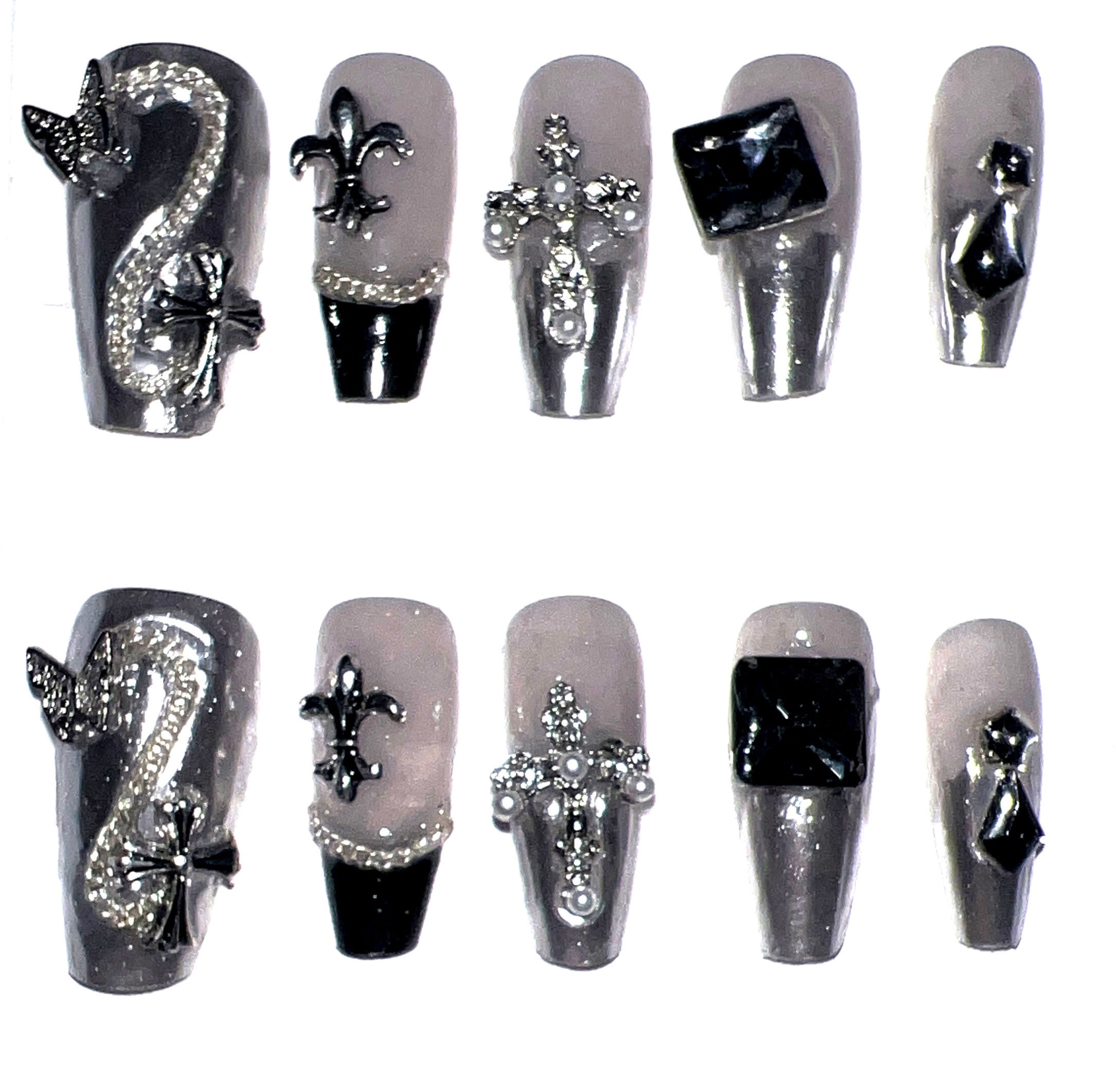 Long, Coffin Gothic Style Handmade Press On Nails - Size: Medium 