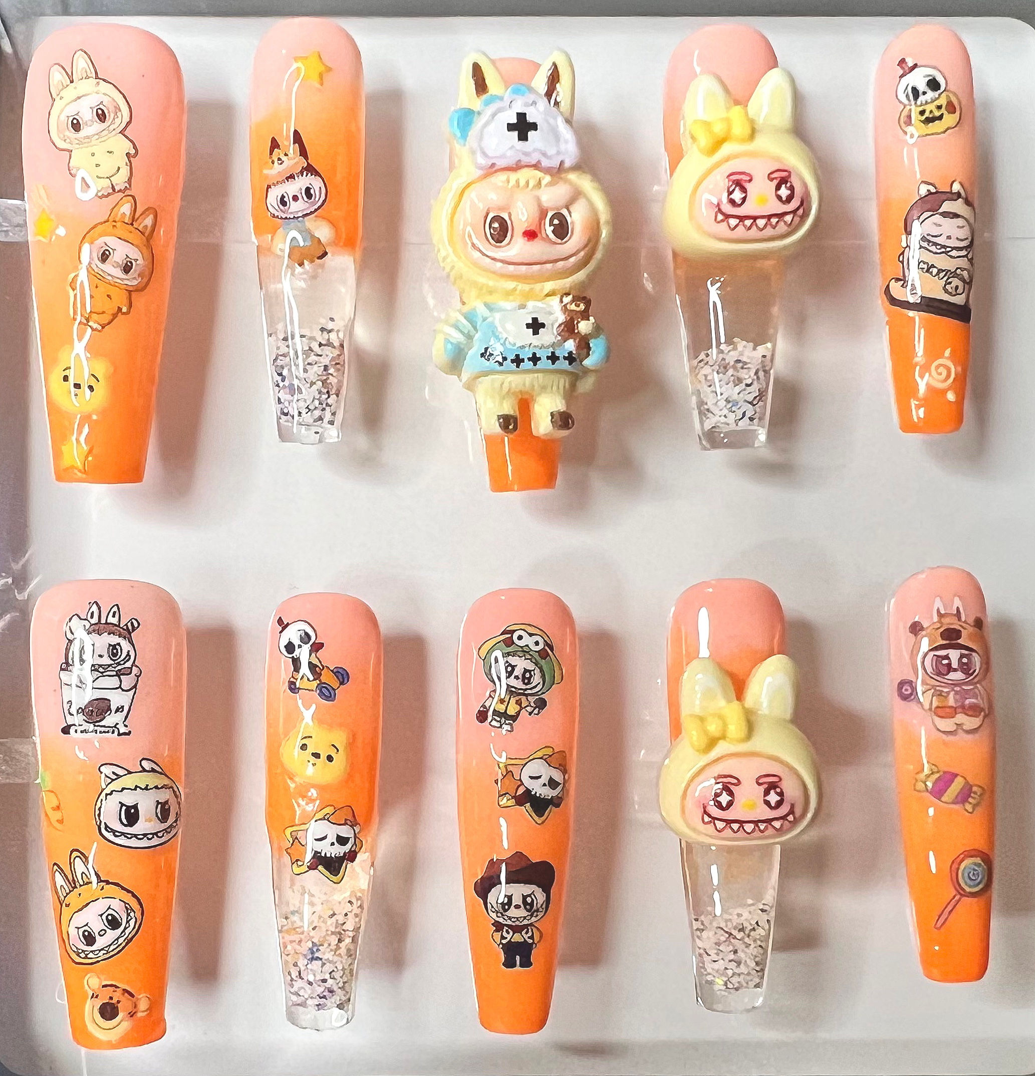 Long, Water 3 D Character Style Handmade Press On Nails - Size: Medium 