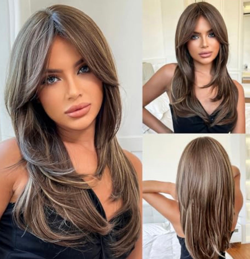 ESMEE LONG STRAIGHT MIXED BROWN WIG WITH CURTAIN BANGS LAYERED SYNTHETIC HAIR WI