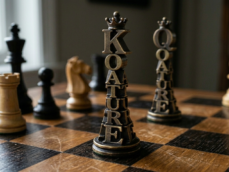 Decorative black chess king piece with vertical KOATURE lettering and crown detail symbolizing leadership, strategy, and the King Of All Trades brand philosophy