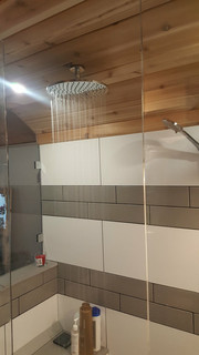 tiny home shower tile cedar woodwork