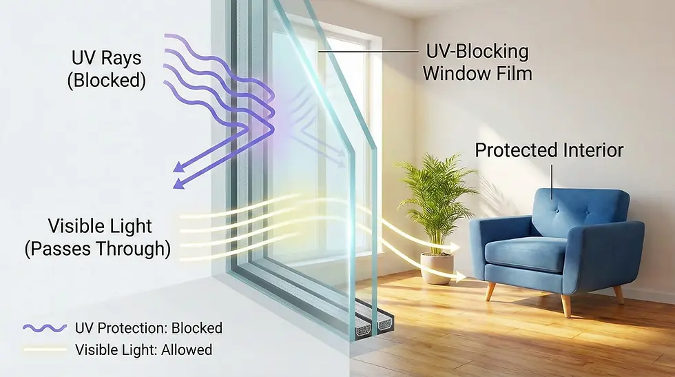 Diagram showing how UV-blocking window film deflects harmful solar UV rays while allowing natural visible light into a protected building interior.