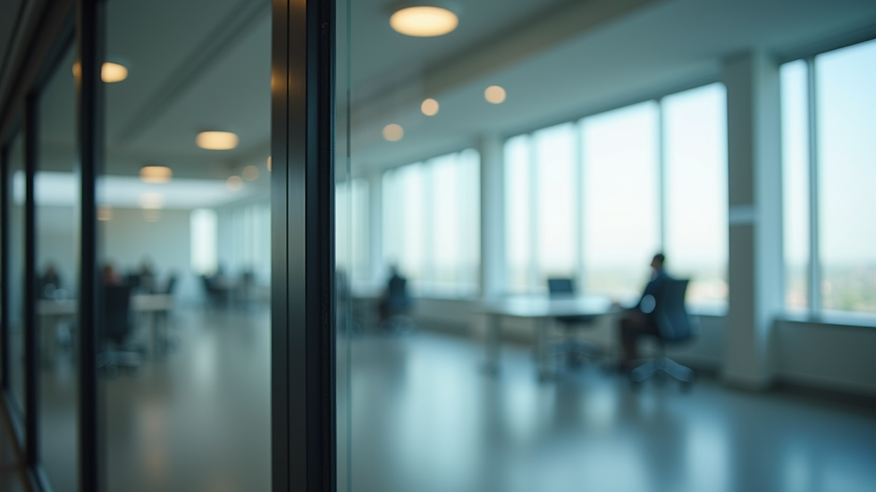 Eye-level view of a modern office window with reflective window tint
