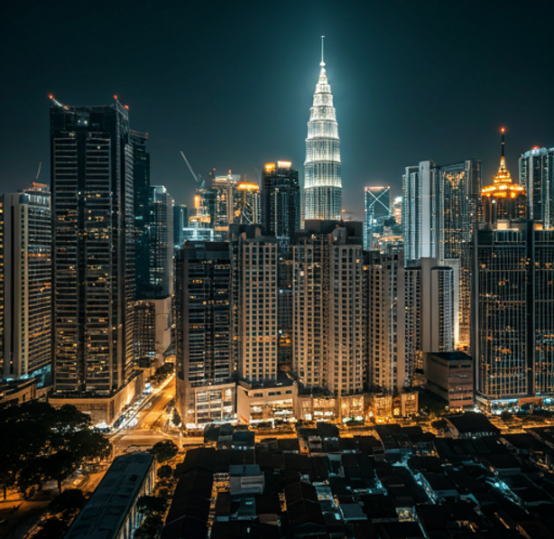 Night view of Kuala Lumpur Convention Center and neighbouring buildings