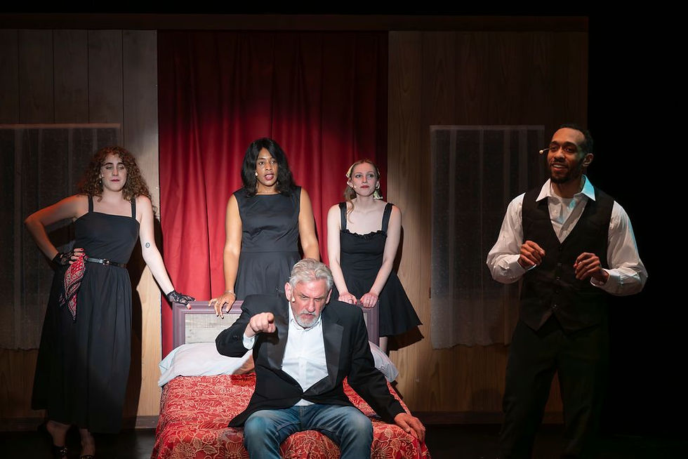 The "Three Women" title characters, left to right in the rear, Kaylyn Buehler (Lady), Gina Simone Pemberton (Bonnie), and Erica Cafarelli (Ruby); and, left to right in the front, Steve Taylor (as Dad) and DazMann Still (as Jake). Photo by Ashley Garrett