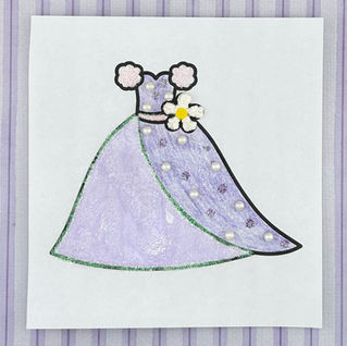 Princess dress coloring page from our flouncy coloring book. This page was colored with purple embossing powder, crayons, puff paint pens, and pink, purple, and white glitter. 