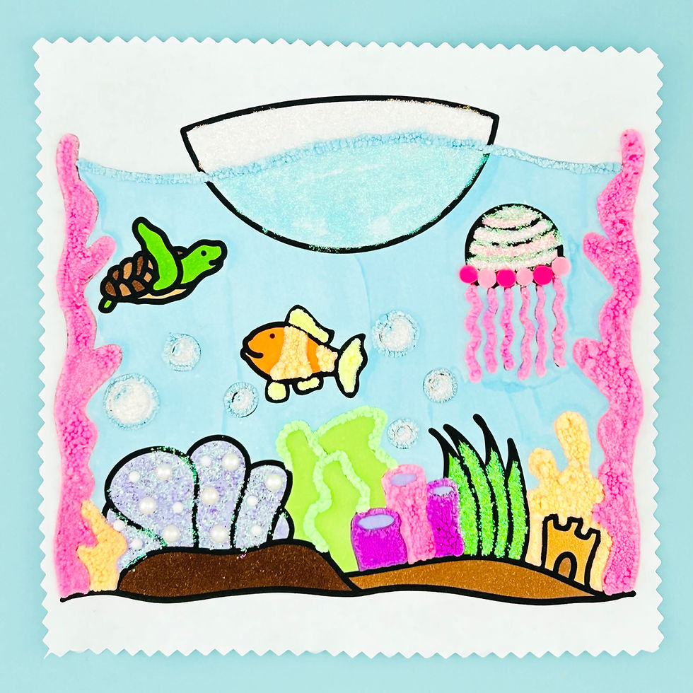 Underwater scene with a green turtle, orange fish, and pink jellyfish in a colorful aquarium. Bubbles and coral decorate the background. The image is a colored coloring page.
