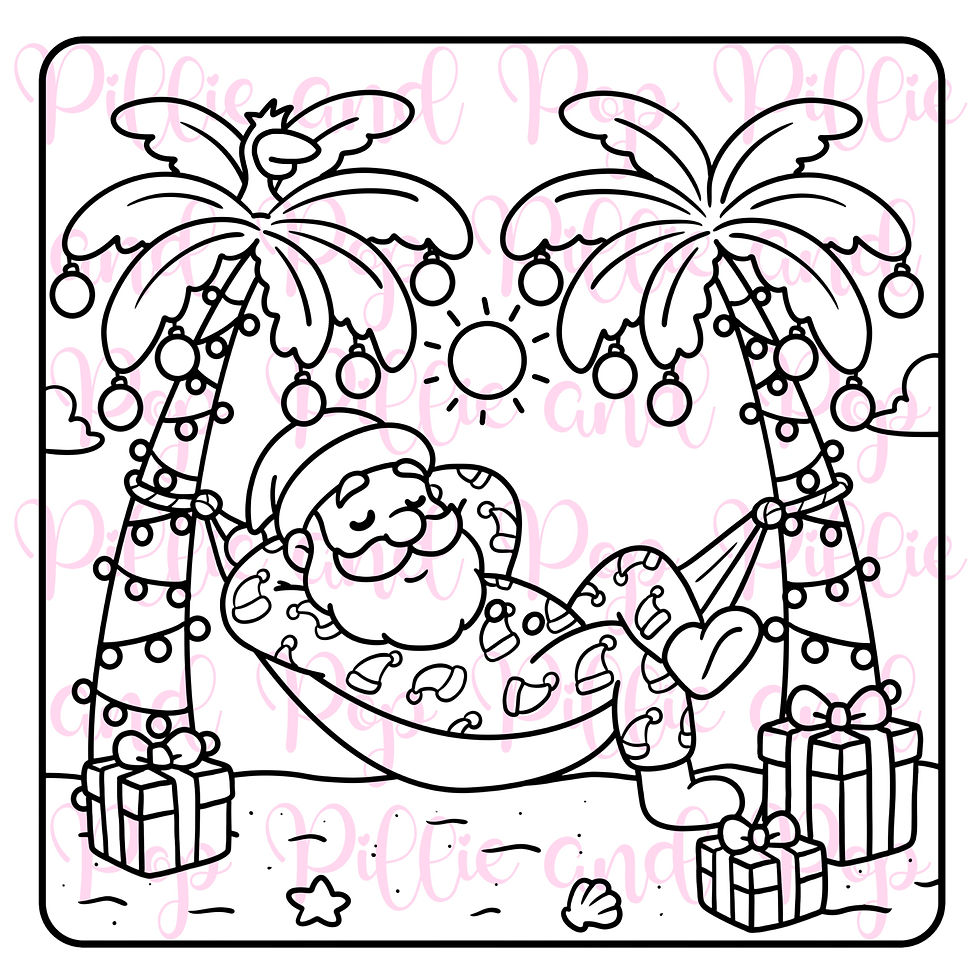 Sample coloring page of Santa in Christmas Pajamas in a hammock set up between two decorated palm trees. Presents are by him.