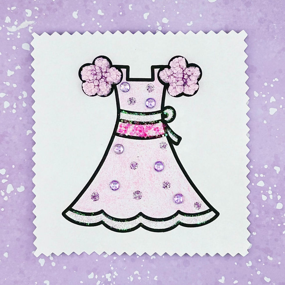 Colored coloring page of a pink dress with sparkles on a purple speckled background. Decorative elements add a whimsical feel.