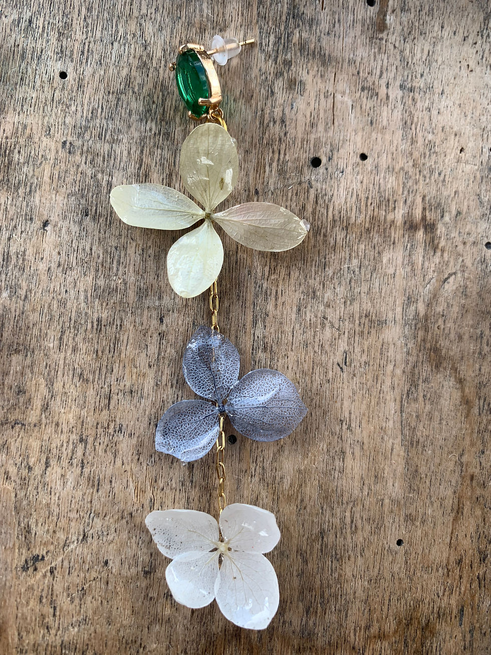 paire de boucles d'oreilles pendantes hortensia résinée vert et bleu moderne chic